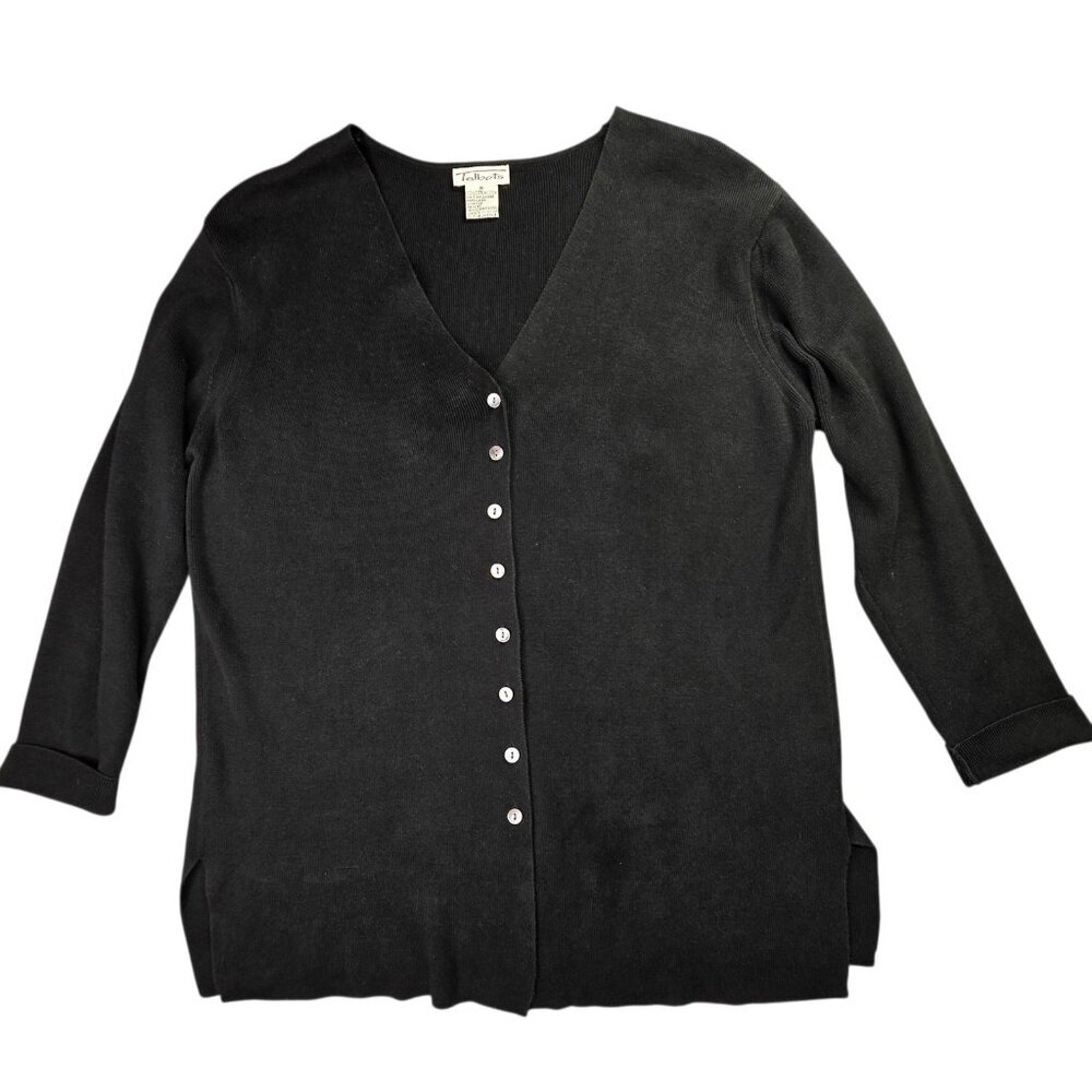 Talbots Sweater Women M Black Cardigan Tunic Button Minimalist Academia Vintage